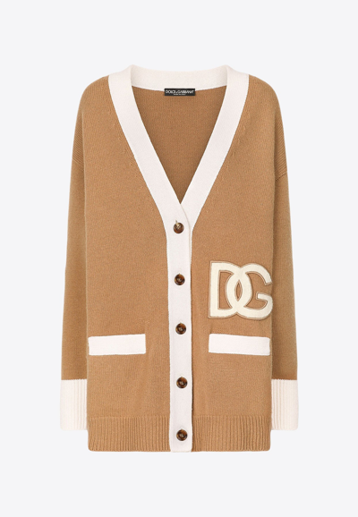 Shop Dolce & Gabbana Embroidered Logo Patch Wool Cardigan In Beige