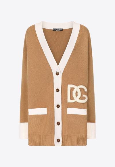 Dolce & Gabbana Logo-patch Virgin Wool Cardigan In Beige