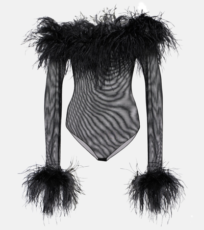 Shop Oseree Feather-trimmed Mesh Bodysuit In Black