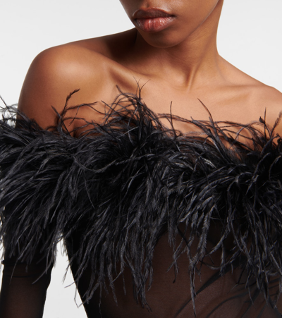 Shop Oseree Feather-trimmed Mesh Bodysuit In Black