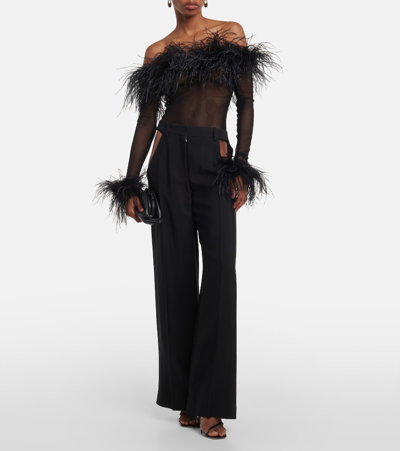 Shop Oseree Feather-trimmed Mesh Bodysuit In Black