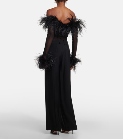 Oseree Feather-trimmed Mesh Bodysuit In Black