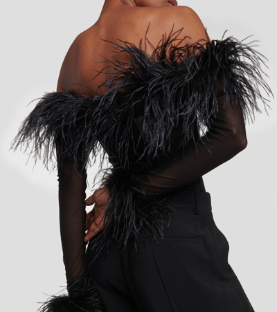 Shop Oseree Feather-trimmed Mesh Bodysuit In Black