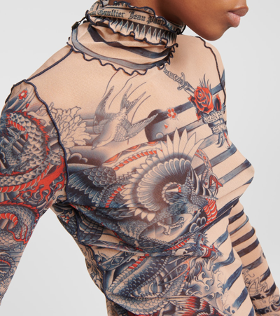 Shop Jean Paul Gaultier Tattoo Collection Tulle Turtleneck Top In Multicoloured