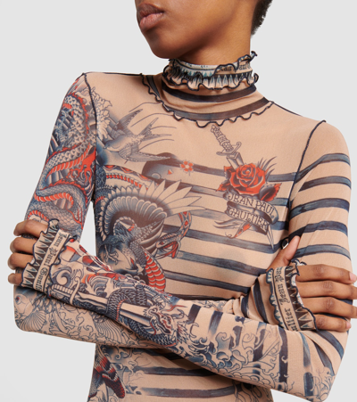 Shop Jean Paul Gaultier Tattoo Collection Tulle Turtleneck Top In Multicoloured