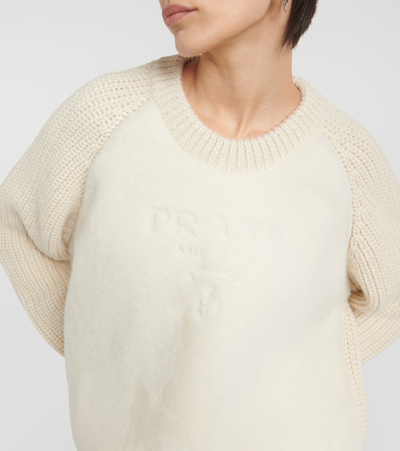 Prada Shearling-trimmed Alpaca Sweater In White