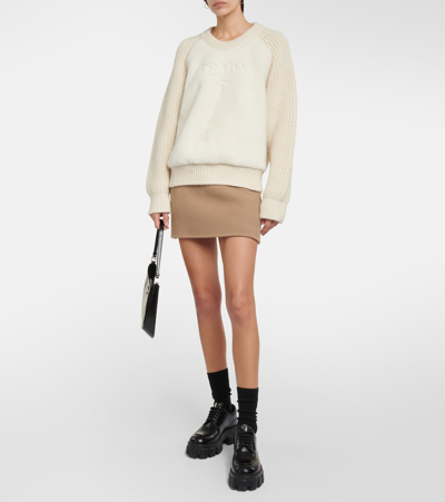 Prada Shearling-trimmed Alpaca Sweater In White