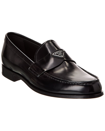 Shop Prada Logo Leather Loafer In Black