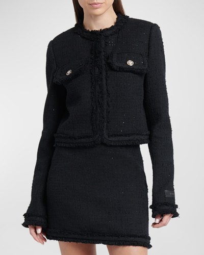 Shop Versace Informal Fringe Tweed Jacket In Black