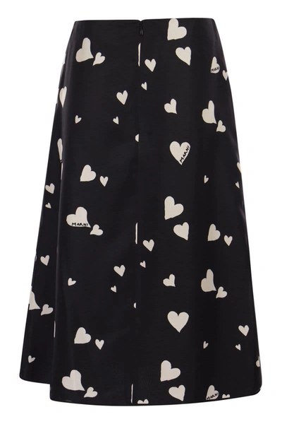 Shop Marni Bunch Of Hearts Print Silk Flared Skirt In Black