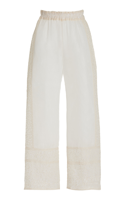 Shop All That Remains Promise Hand-embroidered Silk Wide-leg Pants In White