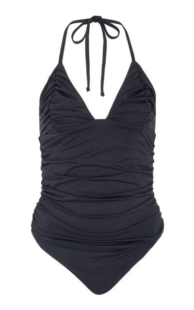 Shop Moré Noir Cora Ruched Halter One-piece Swimsuit In Black