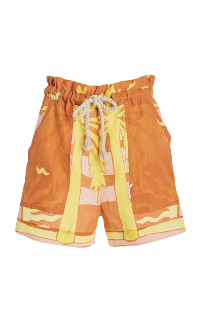 Shop Cala De La Cruz Pia Printed Linen Drawstring Shorts In Orange