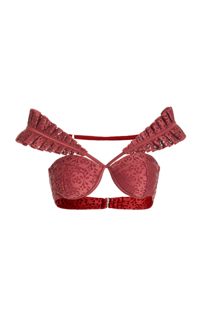 Shop Andrea Iyamah Mulan Ruffled Bikini Top In Burgundy