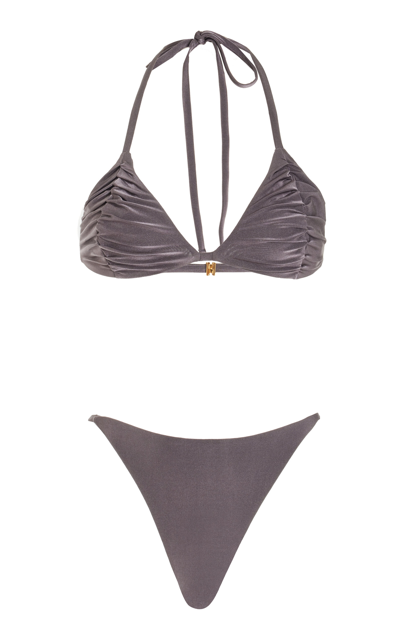 Shop Moré Noir Maya Ruched Triangle Bikini Set In Grey