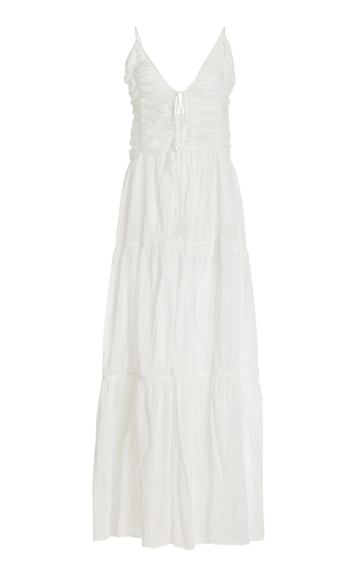 Shop Moré Noir Maeve Ruched Cotton-silk Maxi Dress In White