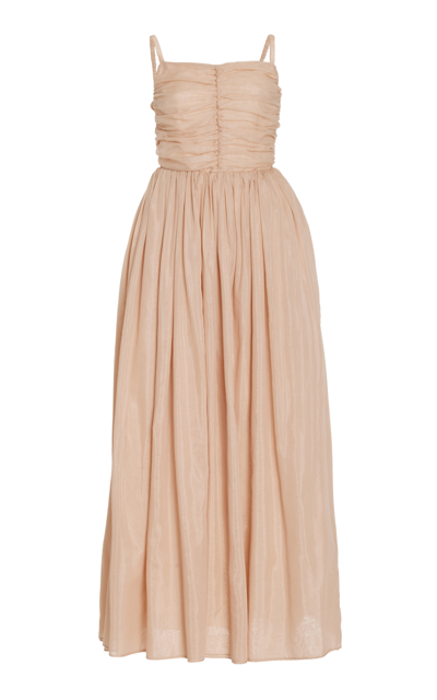 Shop Moré Noir Claire Ruched Cotton-silk Maxi Dress In Brown