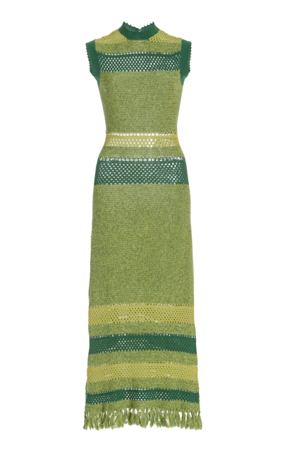 Shop Escvdo Nanay Fringe-detailed Crocheted Cotton Maxi Dress In Green