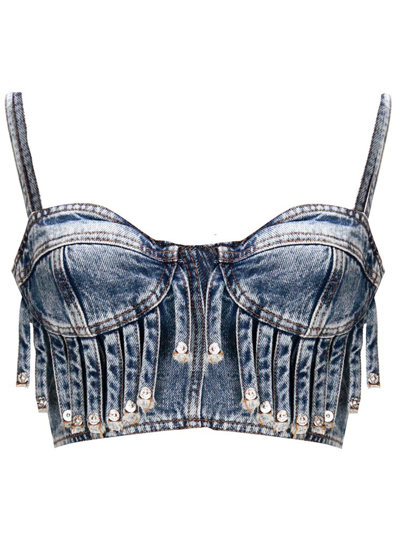 Shop Moschino Jeans Fringed Denim Cropped Top In Blue
