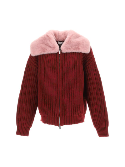 Shop Blumarine Fur Trimmed Knit Zip In Red