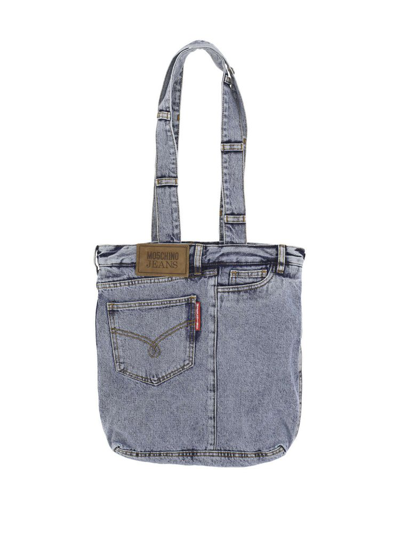 Shop Moschino Jeans Medium Logo Patch Denim Shoulder Bag In Blue