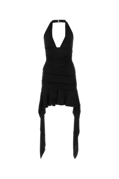 Shop Blumarine Pleated Ruffled Halterneck Mini Dress In Black