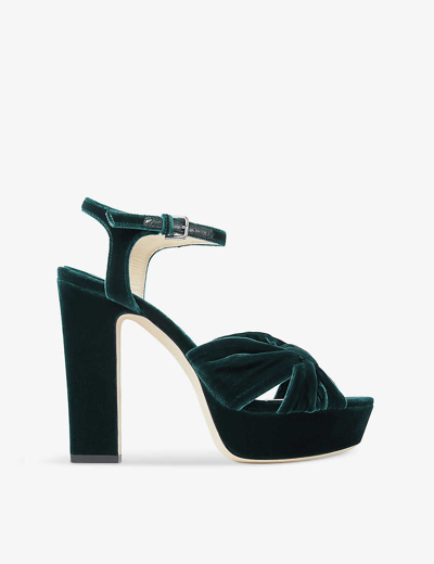 Shop Jimmy Choo Heloise 120 Bow-embellished Velvet Heeled Sandals In Dark Green