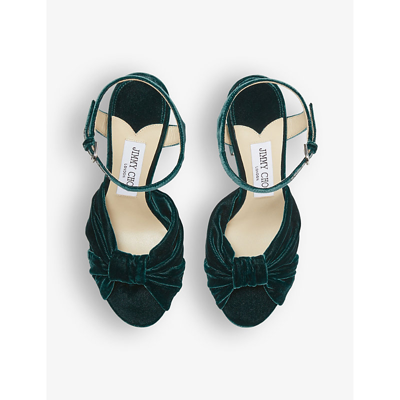 Shop Jimmy Choo Heloise 120 Bow-embellished Velvet Heeled Sandals In Dark Green