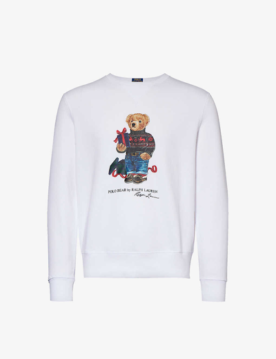 Shop Polo Ralph Lauren Mens White Gift Bear Bear-print Crewneck Cotton-blend Sweatshirt