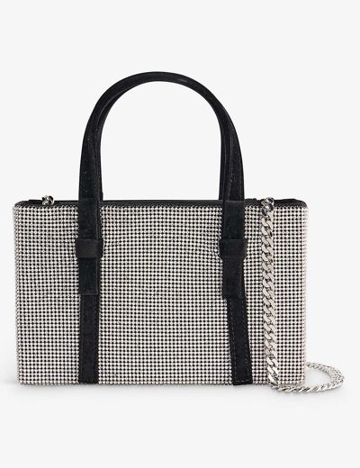 Shop Kara Bow-embellished Velvet-strap Crystal-mesh Tope-handle Bag In White / Black
