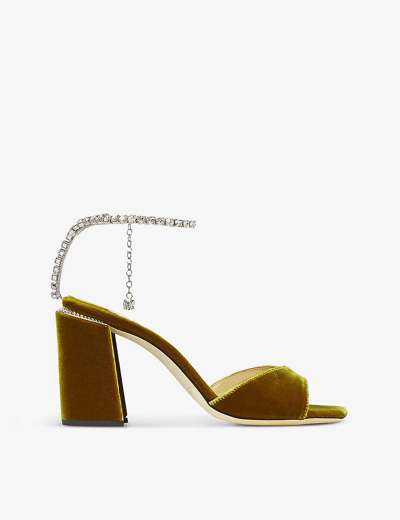 Shop Jimmy Choo Women's Citrine/crystal Saeda Crystal-embellished Velvet Heeled Sandals In Gold