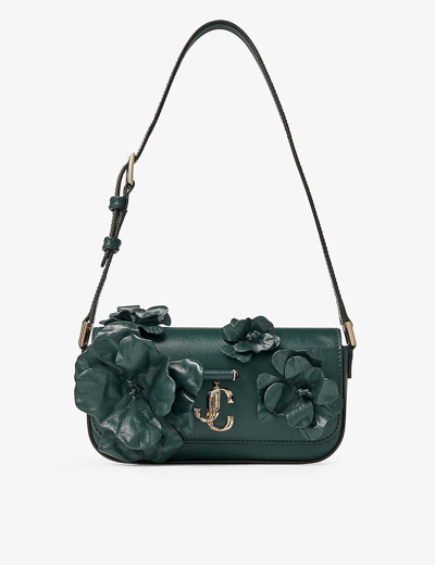 Shop Jimmy Choo Avenue Floral-appliqué Mini Leather Shoulder Bag In Green/ Gold