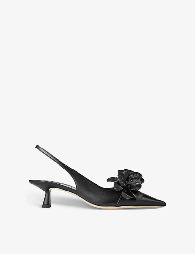 Shop Jimmy Choo Amita Flower-embellished Leather Slingback Heels In Black