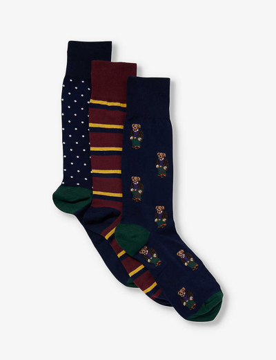 Shop Polo Ralph Lauren Mens Gb Bear/stripe/aob Graphic-print Cotton-blend Knitted Socks Pack Of Three