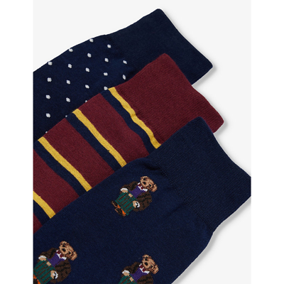Shop Polo Ralph Lauren Mens Gb Bear/stripe/aob Graphic-print Cotton-blend Knitted Socks Pack Of Three