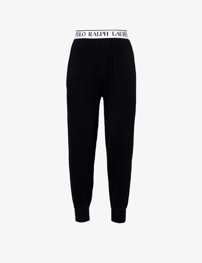 Shop Polo Ralph Lauren Men's Black Branded-waistband Tapered-leg Stretch-cotton Pyjama Bottoms