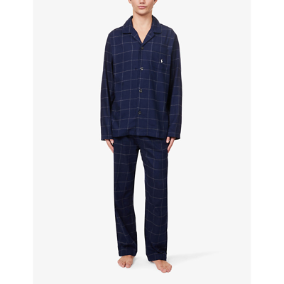 Shop Polo Ralph Lauren Checked Brand-embroidered Cotton Pyjama In Navy Windowpane