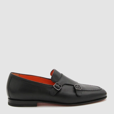 Santoni Black Round Toe Monk Shoes In Black