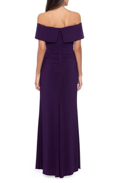 Shop Xscape Evenings Off The Shoulder Ruffle Scuba Gown In Plum