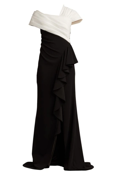 Shop Tadashi Shoji Asymmetric Neck Ruched Gown In Ivory/ Black