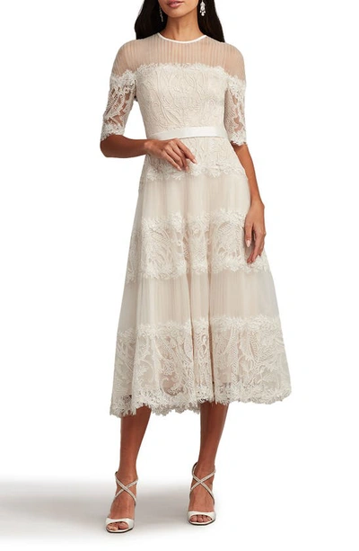 Shop Tadashi Shoji Tiered Lace Cocktail Midi Dress In Ivory/ Petal