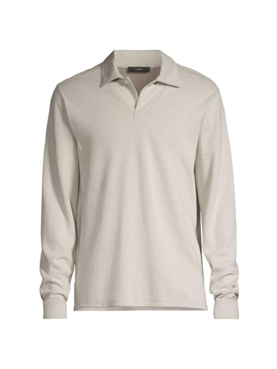 Shop Vince Men's Double-faced Cotton-blend Long-sleeve Polo In Stone Dune Grey