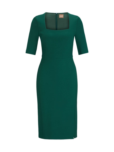 Shop Hugo Boss Women's Slim-fit Dress With Square Neckline In Green