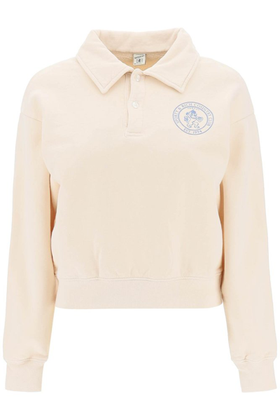 Shop Sporty And Rich Sporty & Rich Logo Printed Long Sleeved Polo Sweater In Beige