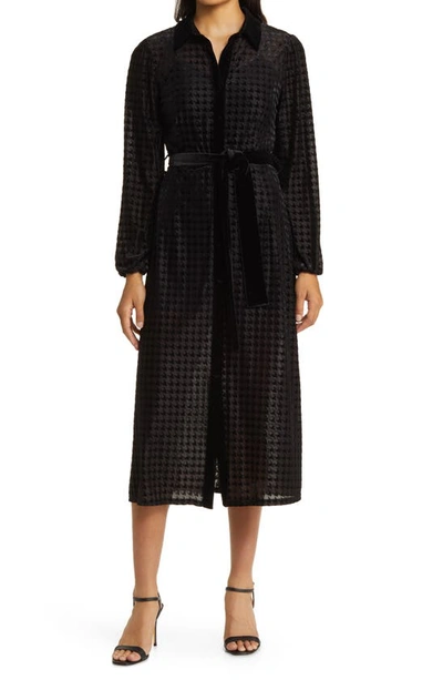 Shop Zoe And Claire Long Sleeve Burnout Velvet Midi Shirtdress In Black