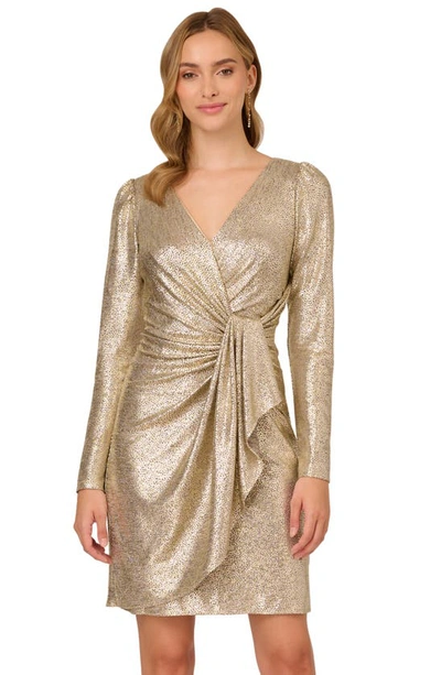 Shop Adrianna Papell Metallic Foil Long Sleeve Knit Faux Wrap Dress In Light Gold