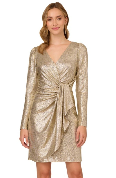 Adrianna Papell Metallic Foil Long Sleeve Knit Faux Wrap Dress In Light Gold