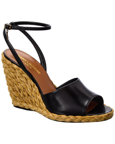 Shop Saint Laurent Sexy 95 Leather Wedge Sandal In Black