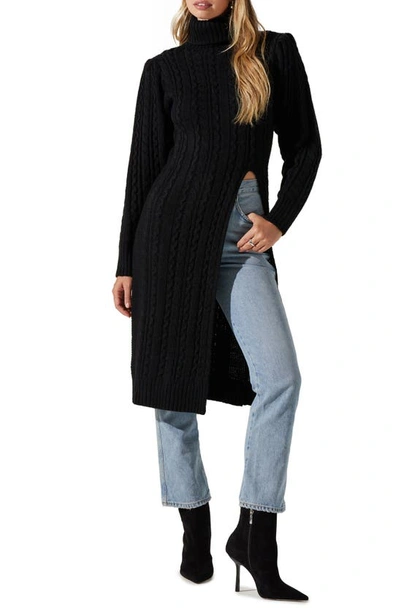 Shop Astr Longline Cable Stitch Turtleneck Sweater In Black