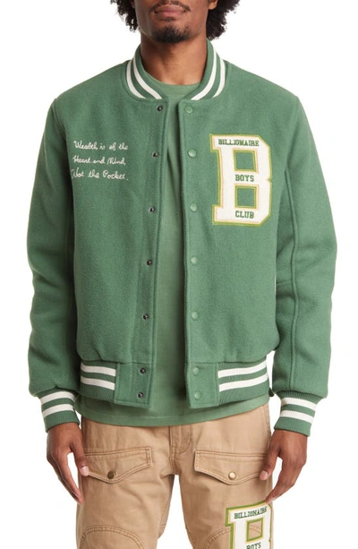 Shop Billionaire Boys Club Earthling Wool Blend Varsity Jacket In Comfrey